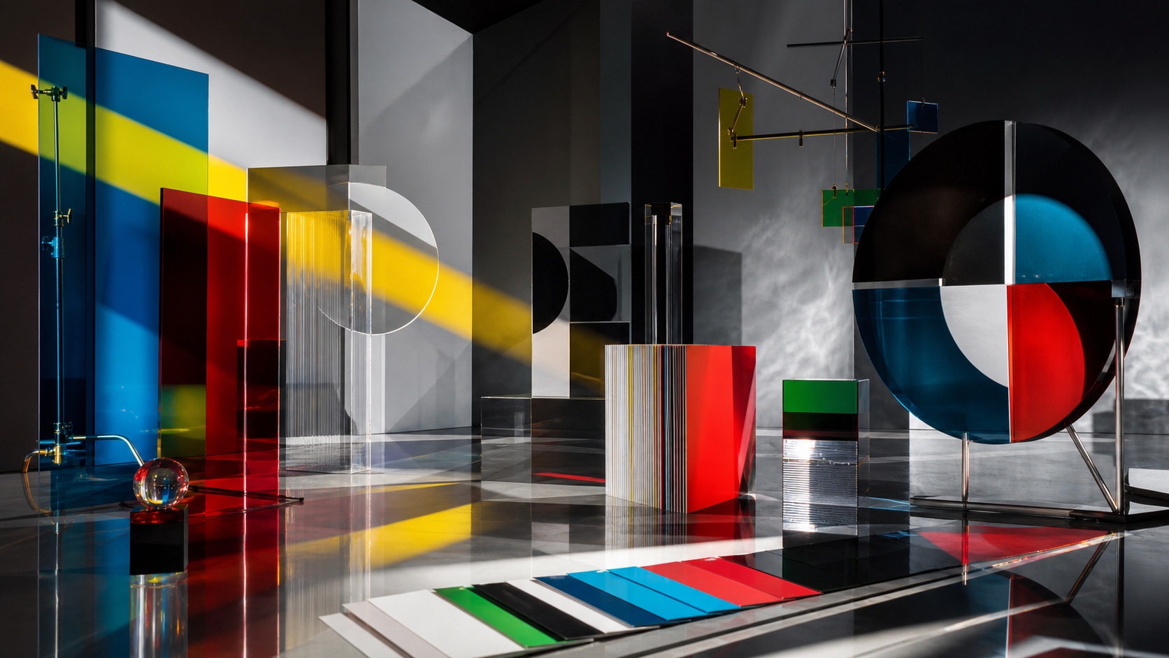 A colorful editorial installation with translucent panels and reflected light.
