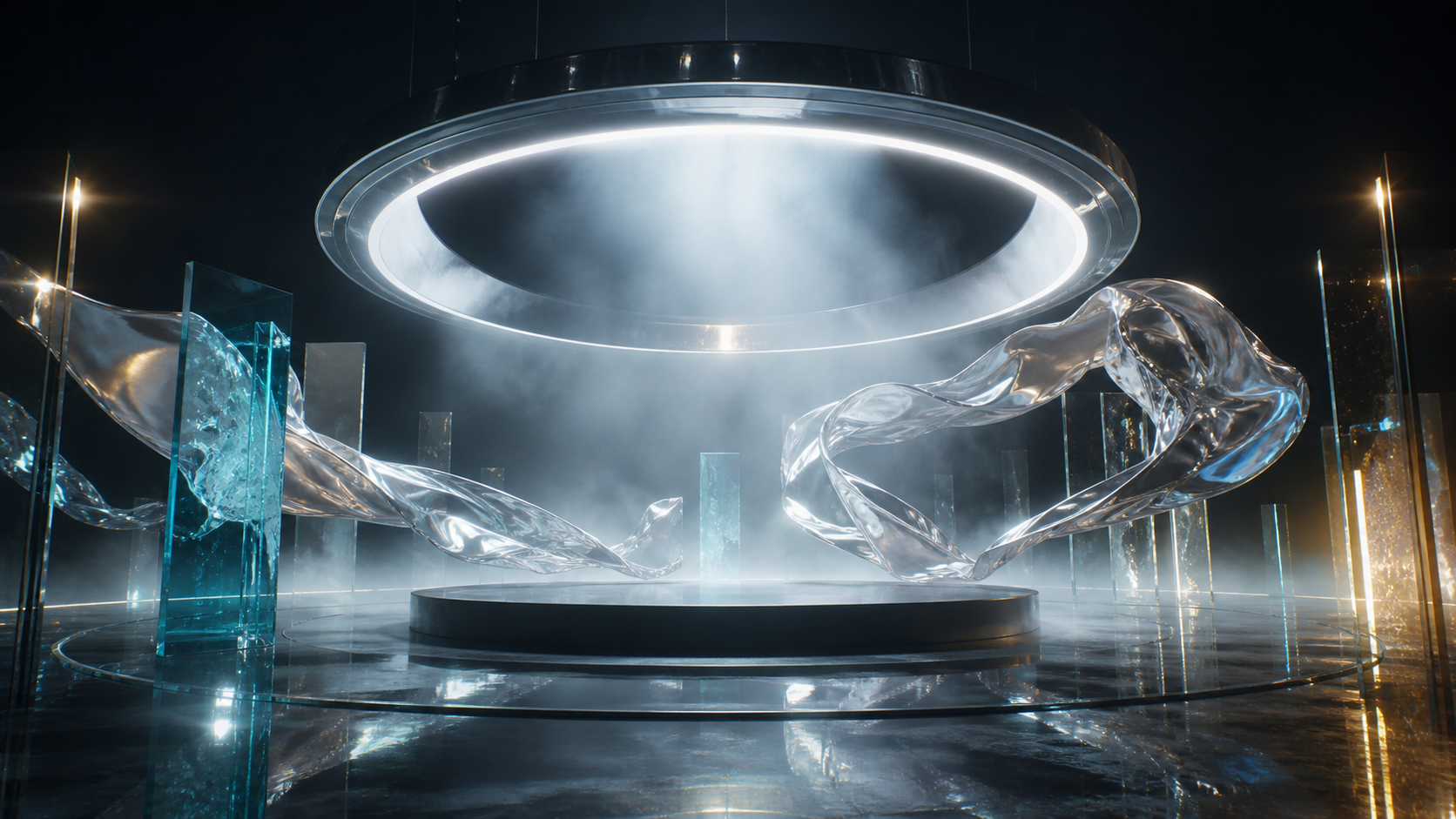 A monumental circular light rig above a misty studio stage.